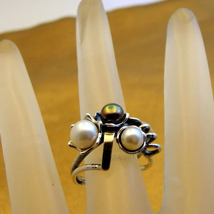Hadar Designers Pearl Ring, Handmade 9k Yellow Gold 925 Silver (ms)Y
