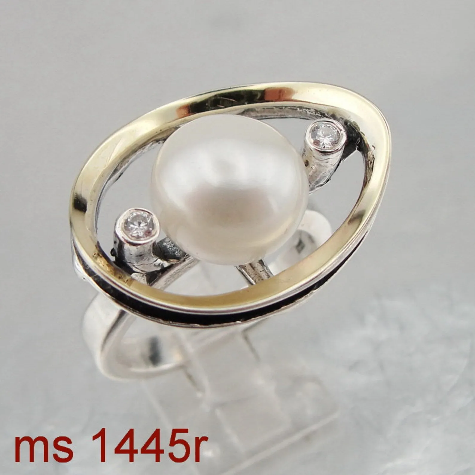 Hadar Designers Pearl Zircon 9k Yellow Gold 925 Silver Ring 7,8,9 Handmade (Ms)