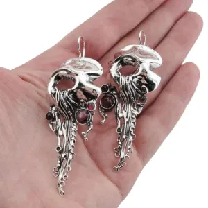 Hadar Designers Red Garnet Earrings Handmade Long Dangle Sterling Silver (H 239)