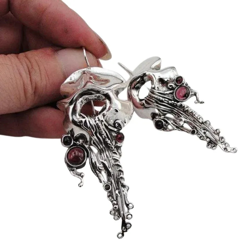 Hadar Designers Red Garnet Earrings Handmade Long Dangle Sterling Silver (H 239)