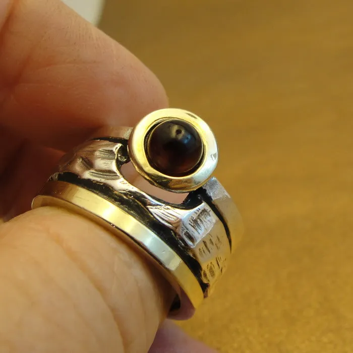 Hadar Designers Red Garnet Ring 7,8,9,10 Handmade 9k Yellow Gold 925 Silver (MS)