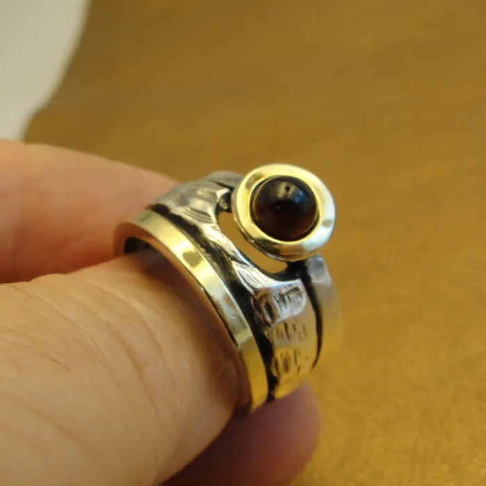 Hadar Designers Red Garnet Ring 7,8,9,10 Handmade 9k Yellow Gold 925 Silver (MS)