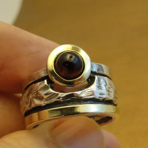 Hadar Designers Red Garnet Ring 7,8,9,10 Handmade 9k Yellow Gold 925 Silver (MS)