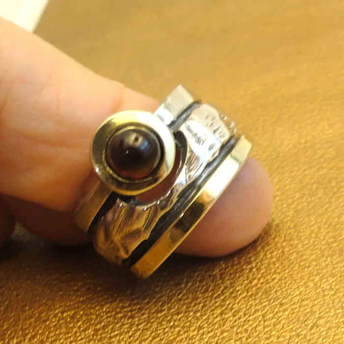 Hadar Designers Red Garnet Ring 7,8,9,10 Handmade 9k Yellow Gold 925 Silver (MS)