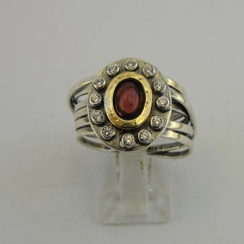 Hadar Designers Red Garnet Ring 9k Yellow Gold 925 Silver 6,7,8,9 Handmade (MS)Y