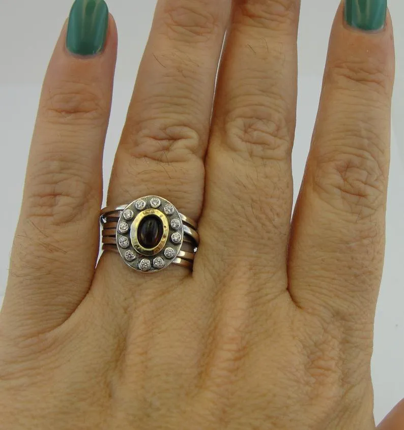 Hadar Designers Red Garnet Ring 9k Yellow Gold 925 Silver 6,7,8,9 Handmade (MS)Y