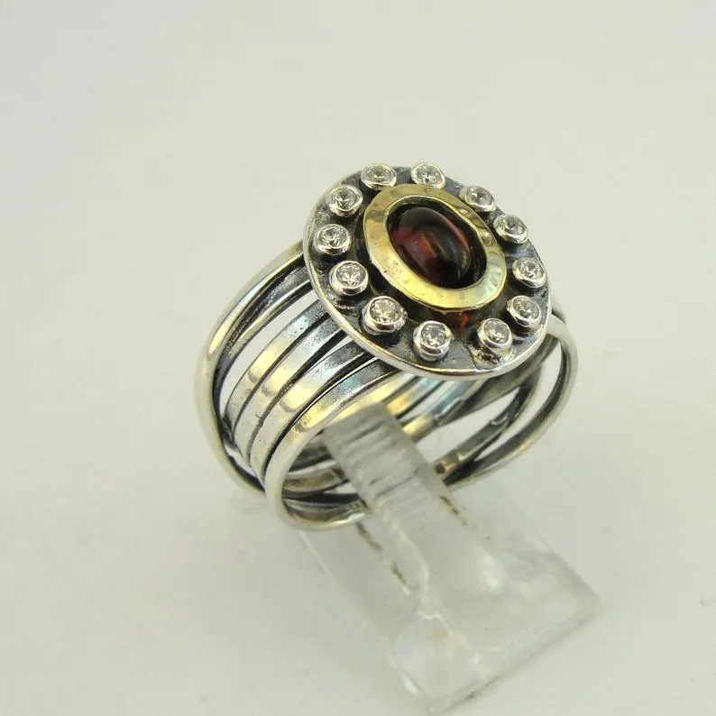 Hadar Designers Red Garnet Ring 9k Yellow Gold 925 Silver 6,7,8,9 Handmade (MS)Y