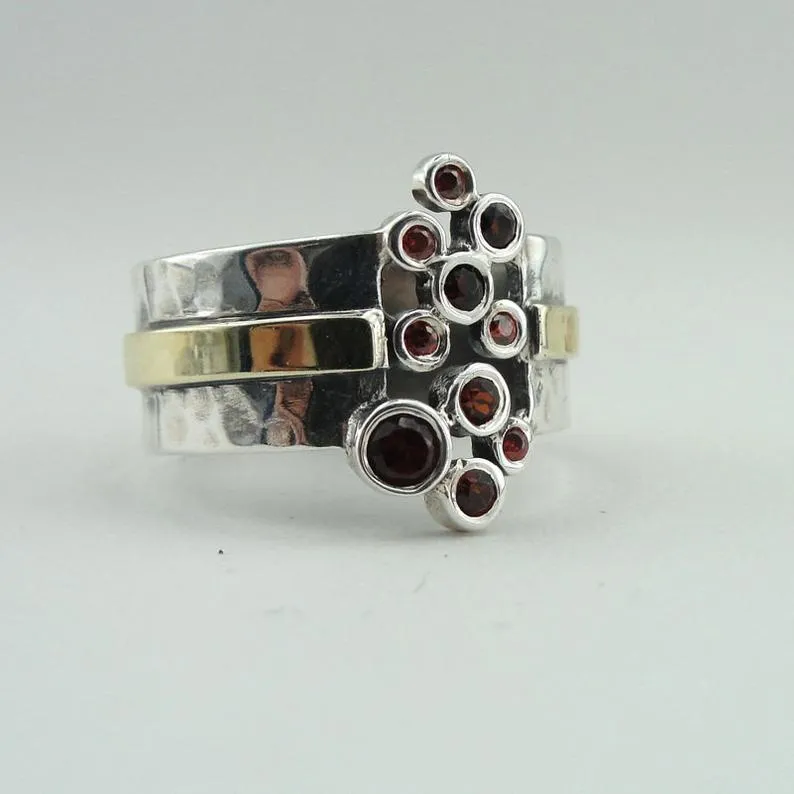 Hadar Designers Red Zircon Ring 9k Yellow Gold 925 Silver sz 6.5,7,8,9,10 (MS) y