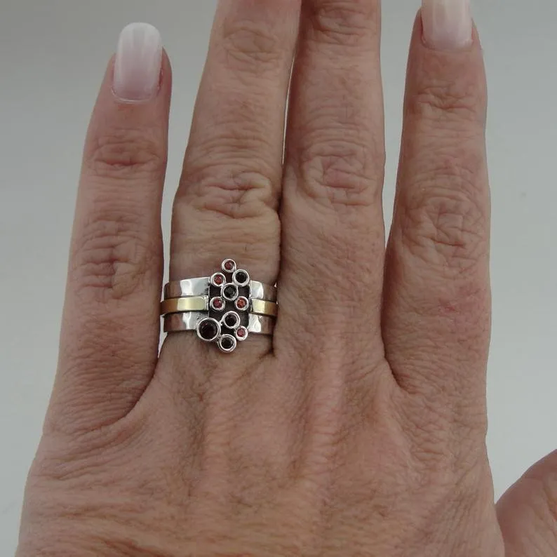 Hadar Designers Red Zircon Ring 9k Yellow Gold 925 Silver sz 6.5,7,8,9,10 (MS) y