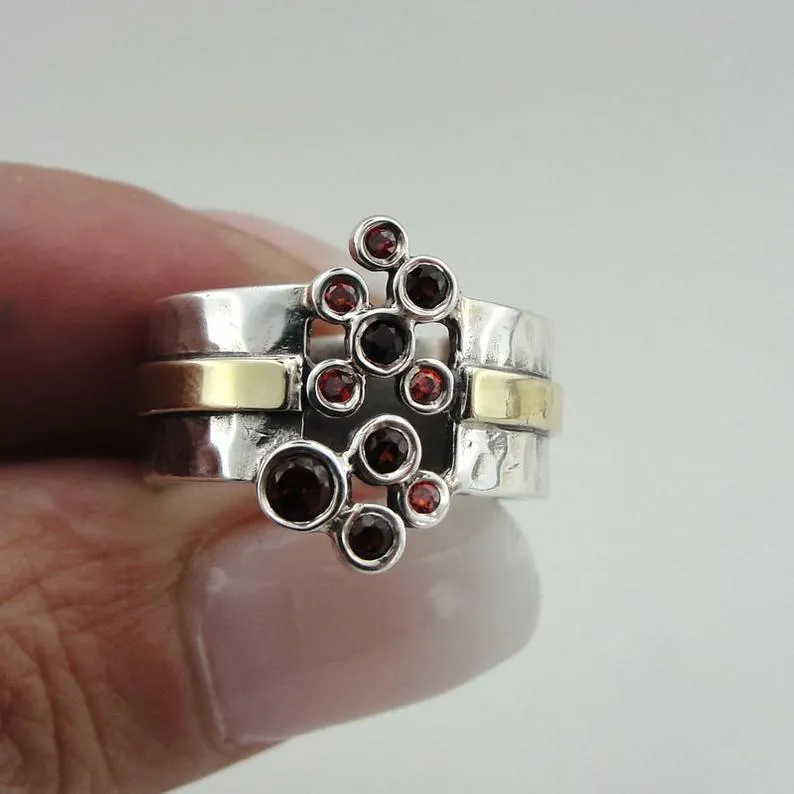 Hadar Designers Red Zircon Ring 9k Yellow Gold 925 Silver sz 6.5,7,8,9,10 (MS) y