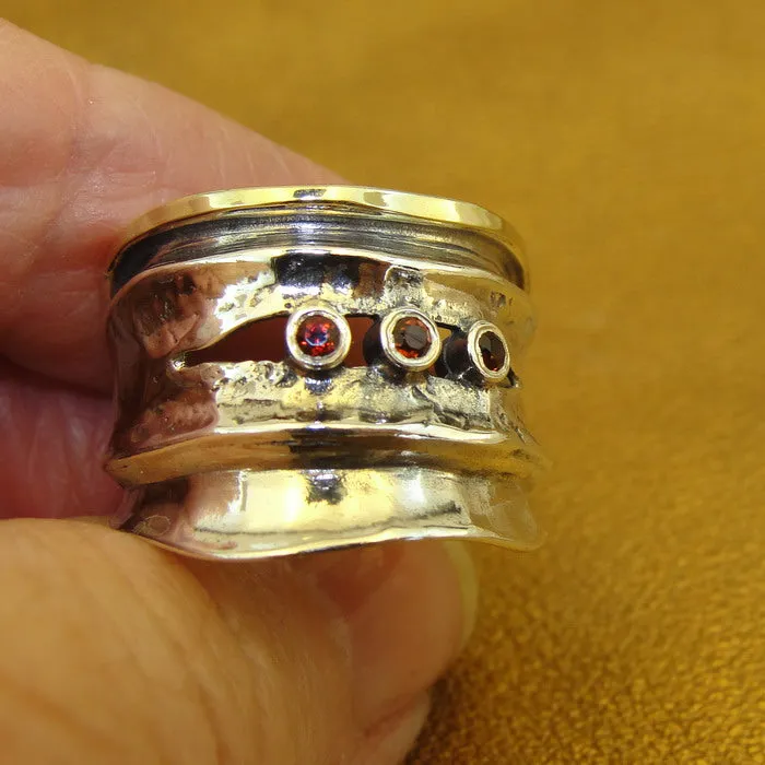 Hadar Designers Red Zircon Ring 9k Yellow Gold 925 Silver sz 7,8,9,10 (MS)y