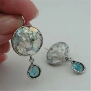Hadar Designers Sterling Silver Antique Roman Glass CZ Earrings Handmade (as 408