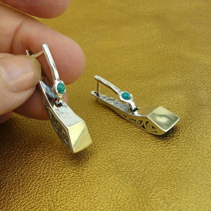 Hadar Designers Turquoise Earrings Handmade 9k Gold 925 Sterling Silver (ms1190Y