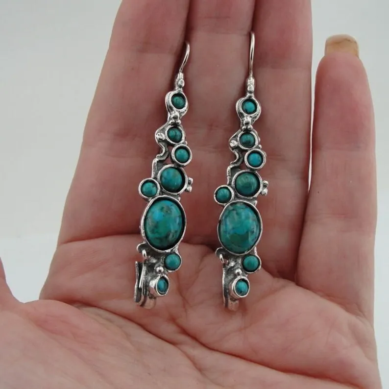 Hadar Designers Turquoise Earrings Handmade Dangle Sterling 925 Silver (H 2151