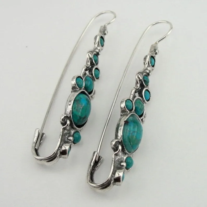 Hadar Designers Turquoise Earrings Handmade Dangle Sterling 925 Silver (H 2151