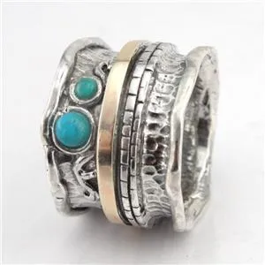 Hadar Designers Turquoise Ring sz 6.5,7 9k Yellow Gold 925 Silver Handmade()LAST