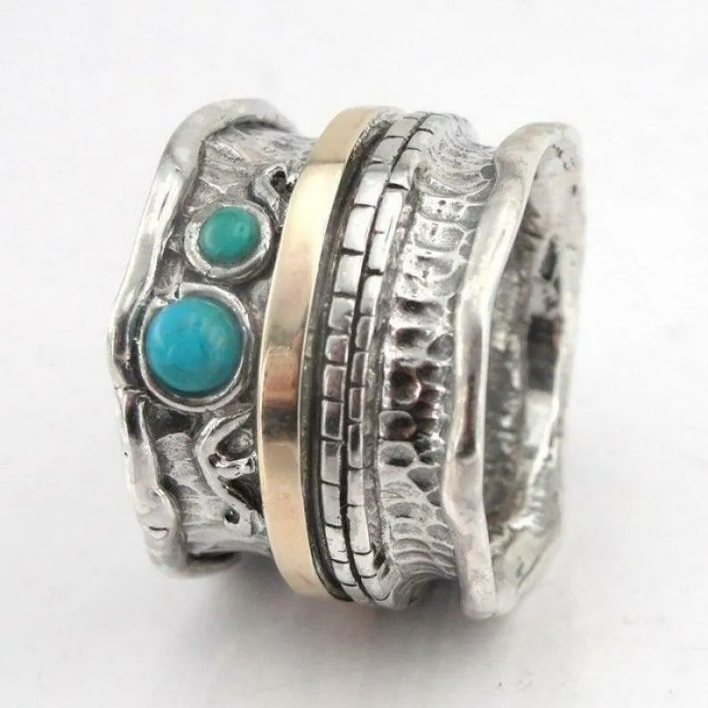 Hadar Designers Turquoise Ring sz 6.5,7 9k Yellow Gold 925 Silver Handmade()LAST