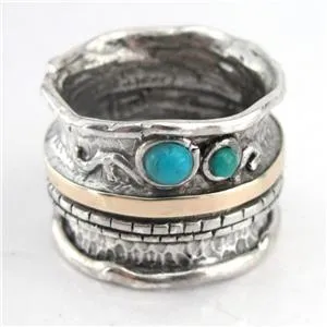 Hadar Designers Turquoise Ring sz 6.5,7 9k Yellow Gold 925 Silver Handmade()LAST