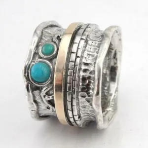 Hadar Designers Turquoise Ring sz 6.5,7 9k Yellow Gold 925 Silver Handmade()LAST