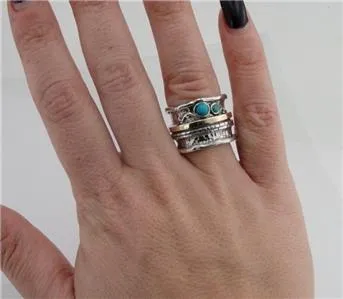 Hadar Designers Turquoise Ring sz 6.5,7 9k Yellow Gold 925 Silver Handmade()LAST