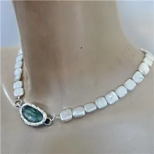 Hadar Designers White Pearl Necklace Sterling Silver Roman Glass  (as 5031