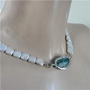 Hadar Designers White Pearl Necklace Sterling Silver Roman Glass  (as 5031