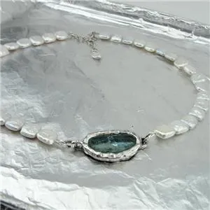 Hadar Designers White Pearl Necklace Sterling Silver Roman Glass  (as 5031