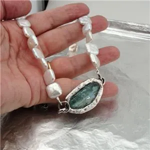 Hadar Designers White Pearl Necklace Sterling Silver Roman Glass  (as 5031