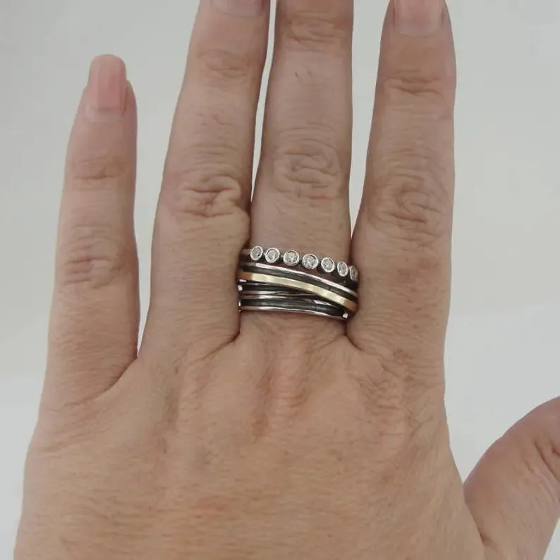 Hadar Designers White Zircon Ring 9k Yellow Gold Sterling Silver 7,8,9,10 (MS