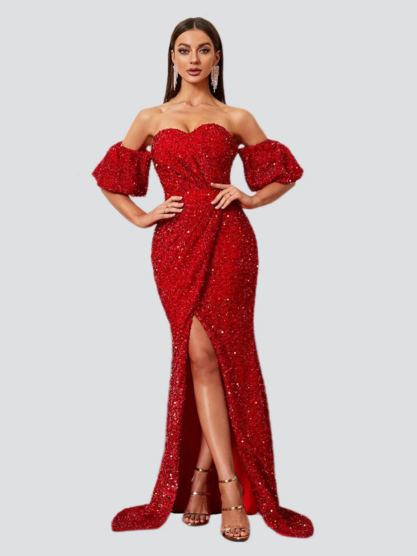 Half-sleeve Slit Mermaid Sequin Prom Dress XH1897