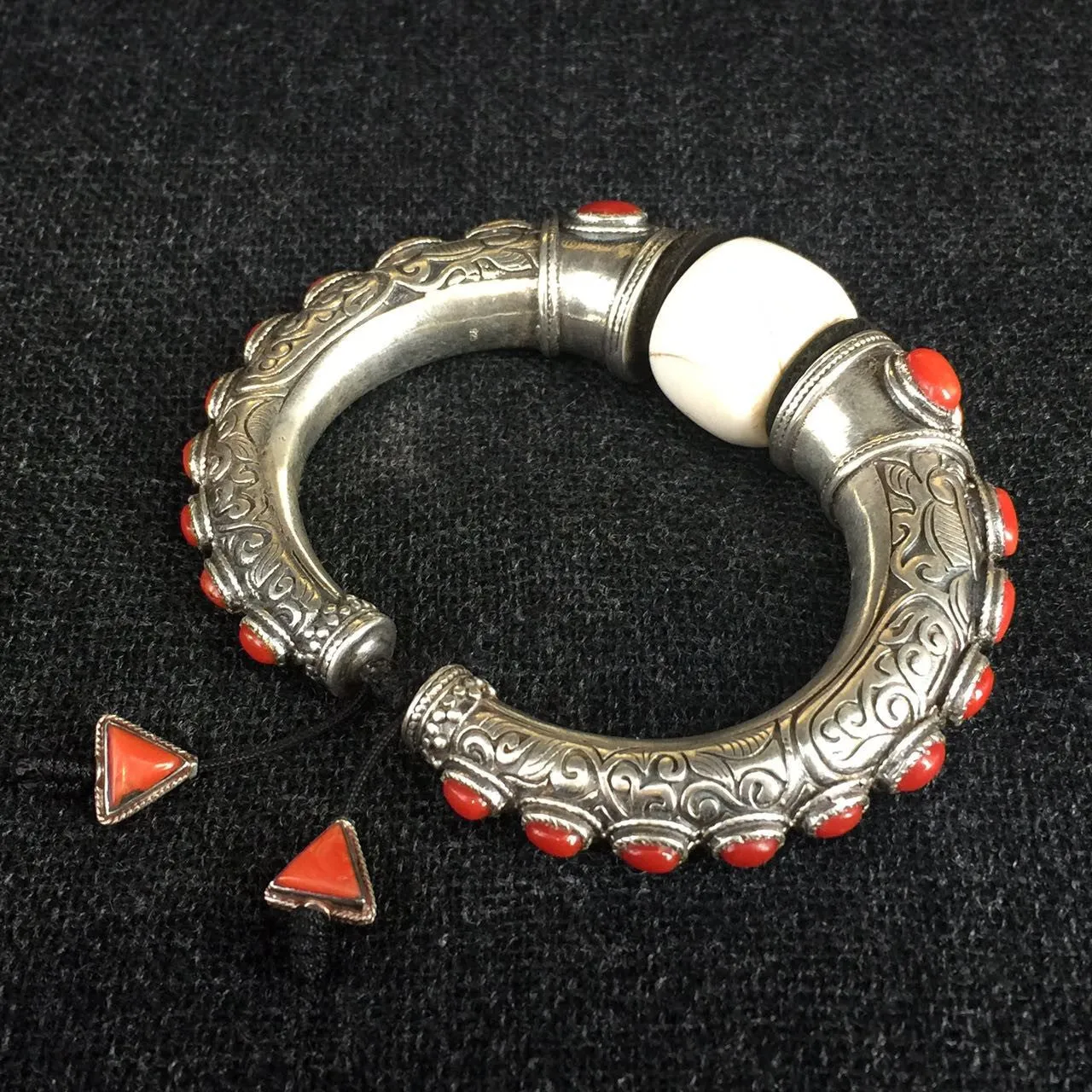 Handmade Tibetan Silver and Coral Bracelet with Conch