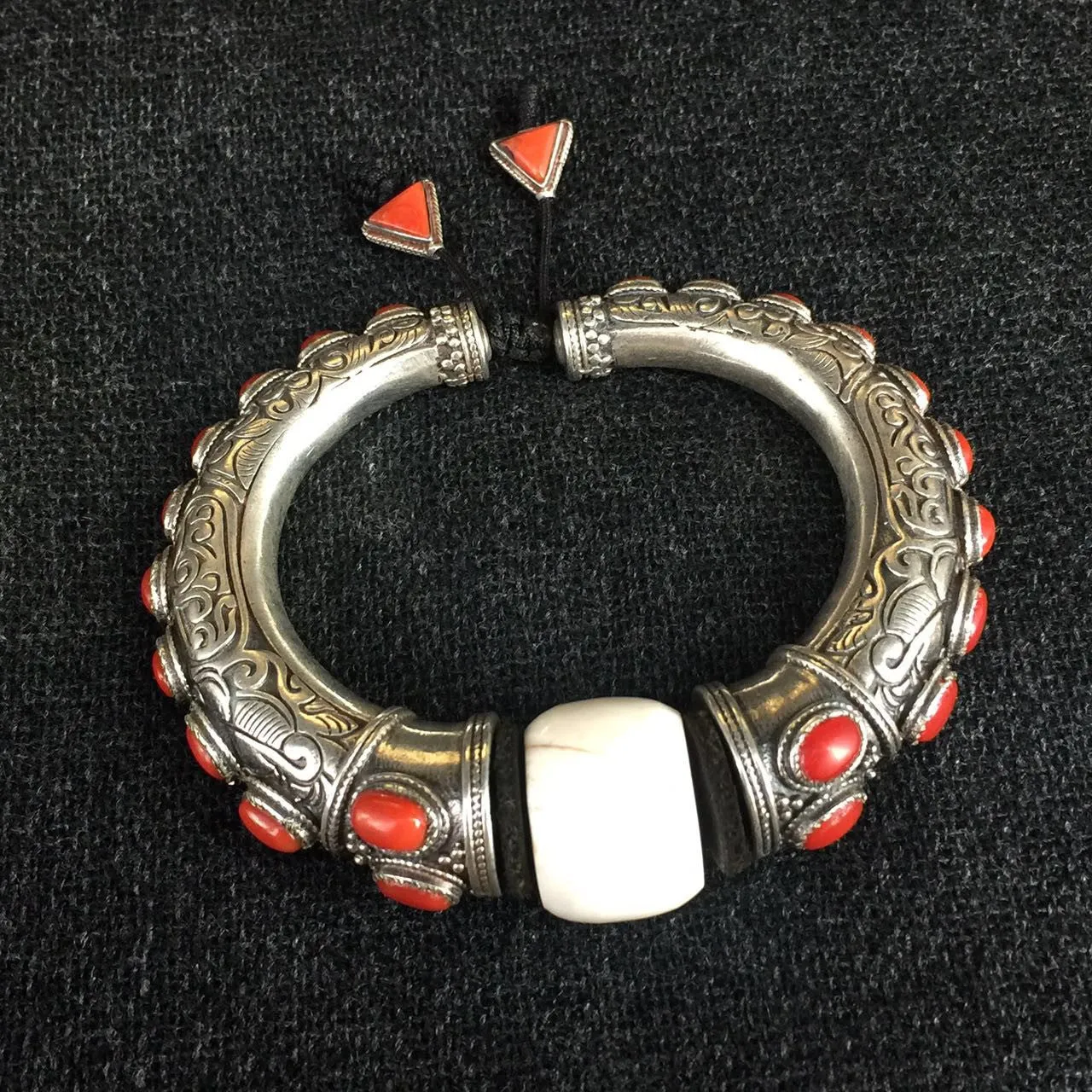 Handmade Tibetan Silver and Coral Bracelet with Conch