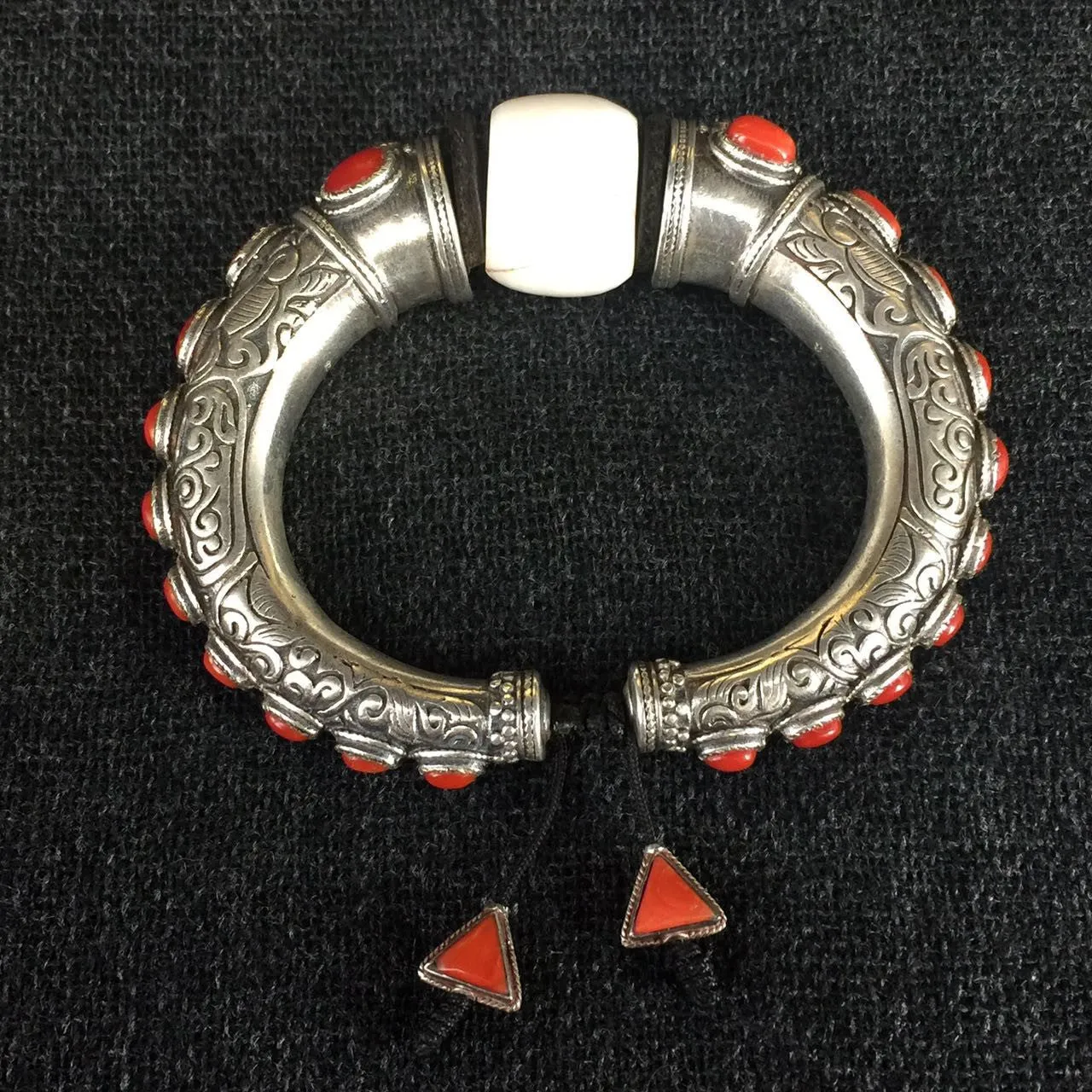 Handmade Tibetan Silver and Coral Bracelet with Conch