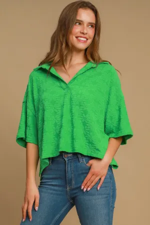 Hazel Blues® |  Umgee Floral Johnny Collar Half Sleeve Jacquard Top