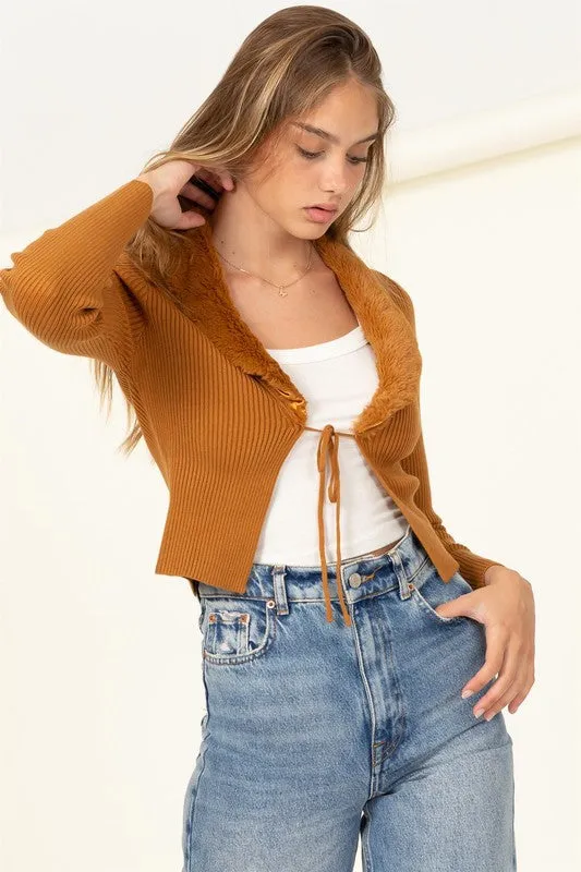 HYFVE Miss Mesmerize Fur Trim Tie Front Ribbed Cardigan