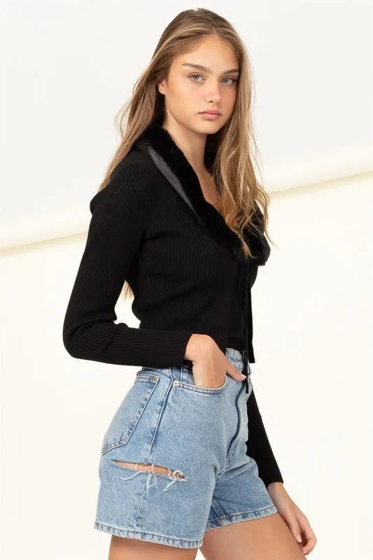 HYFVE Miss Mesmerize Fur Trim Tie Front Ribbed Cardigan