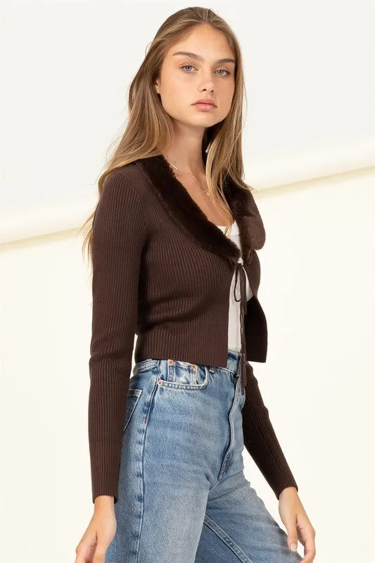HYFVE Miss Mesmerize Fur Trim Tie Front Ribbed Cardigan