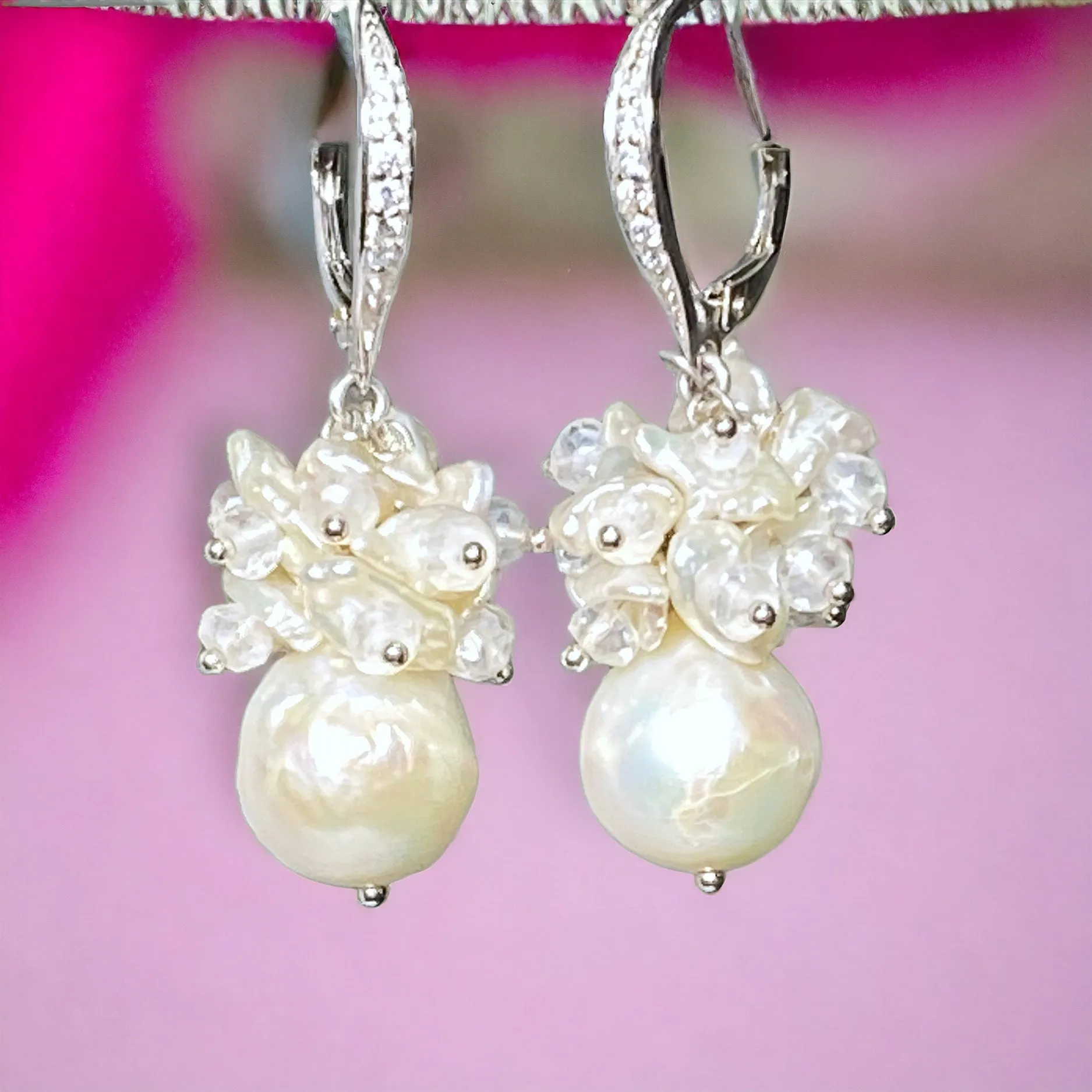 Ivory Pearl Cluster Wedding Bridal Earrings