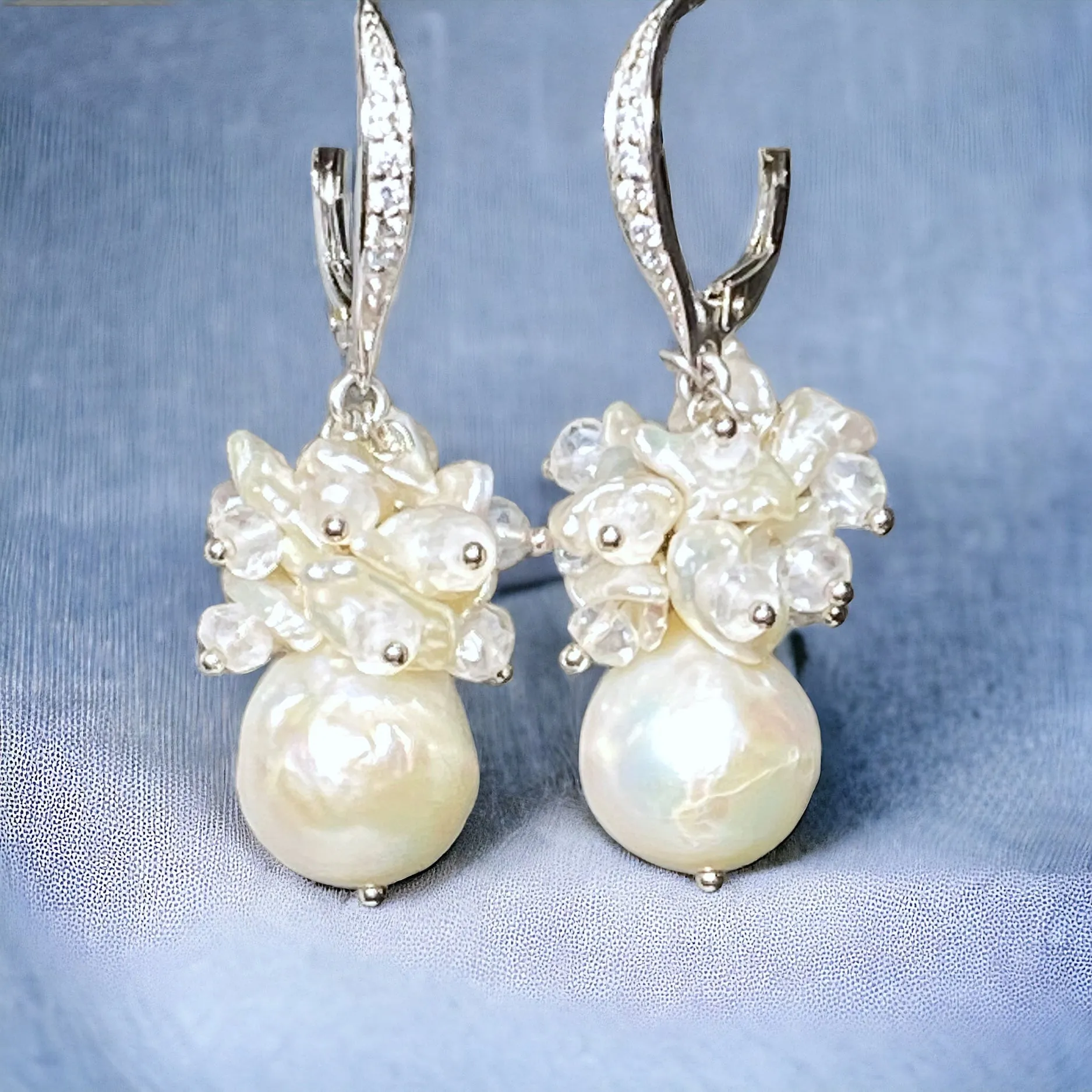 Ivory Pearl Cluster Wedding Bridal Earrings