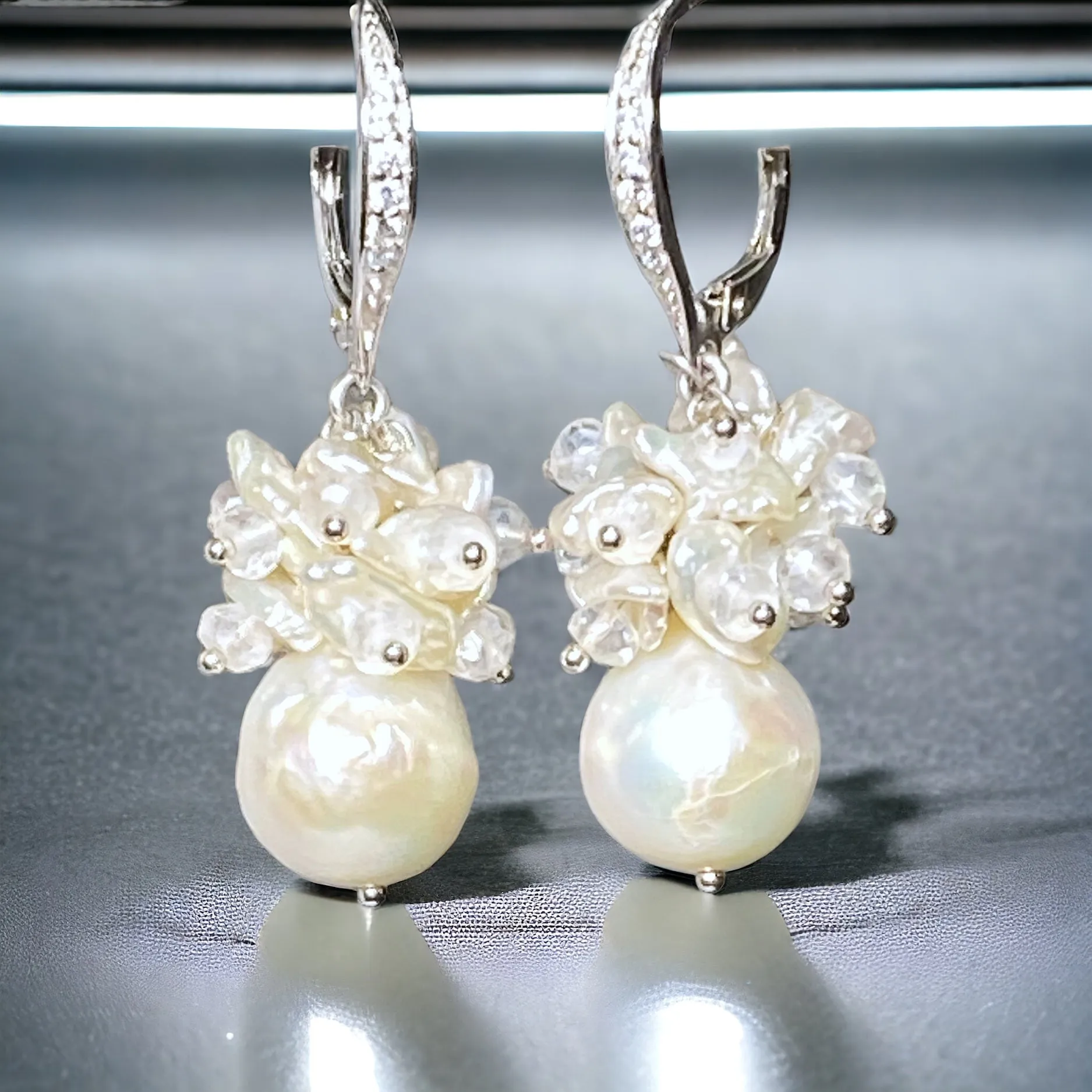 Ivory Pearl Cluster Wedding Bridal Earrings