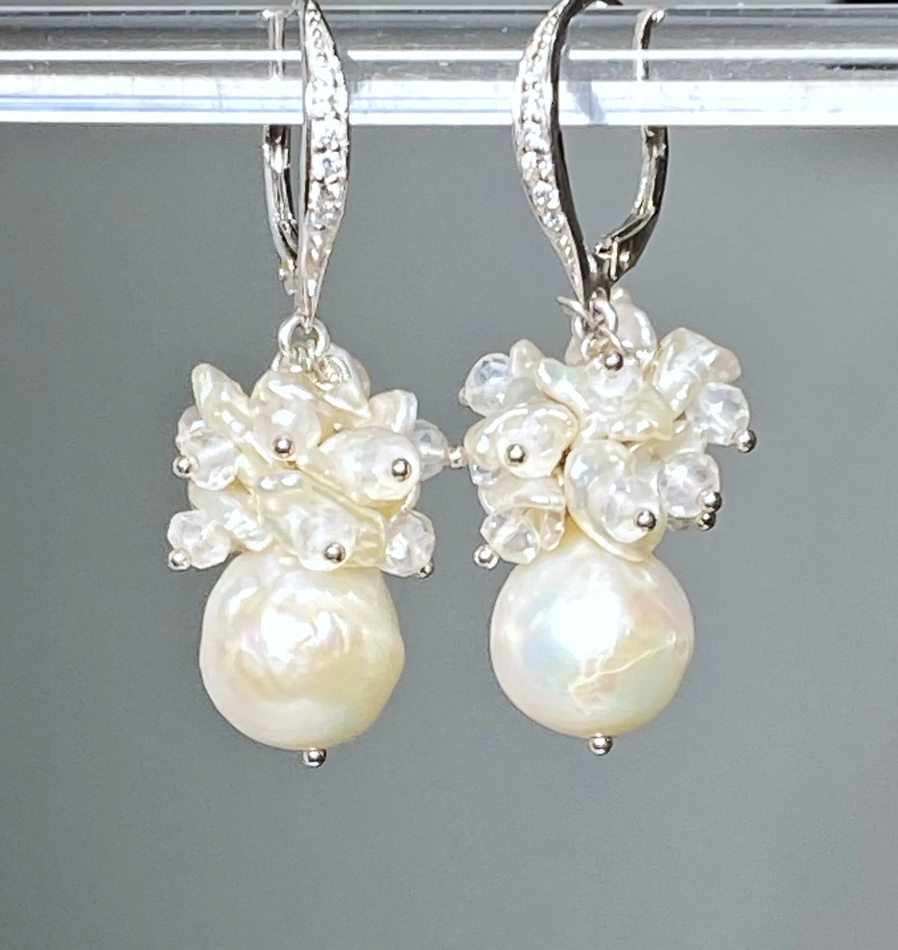 Ivory Pearl Cluster Wedding Bridal Earrings