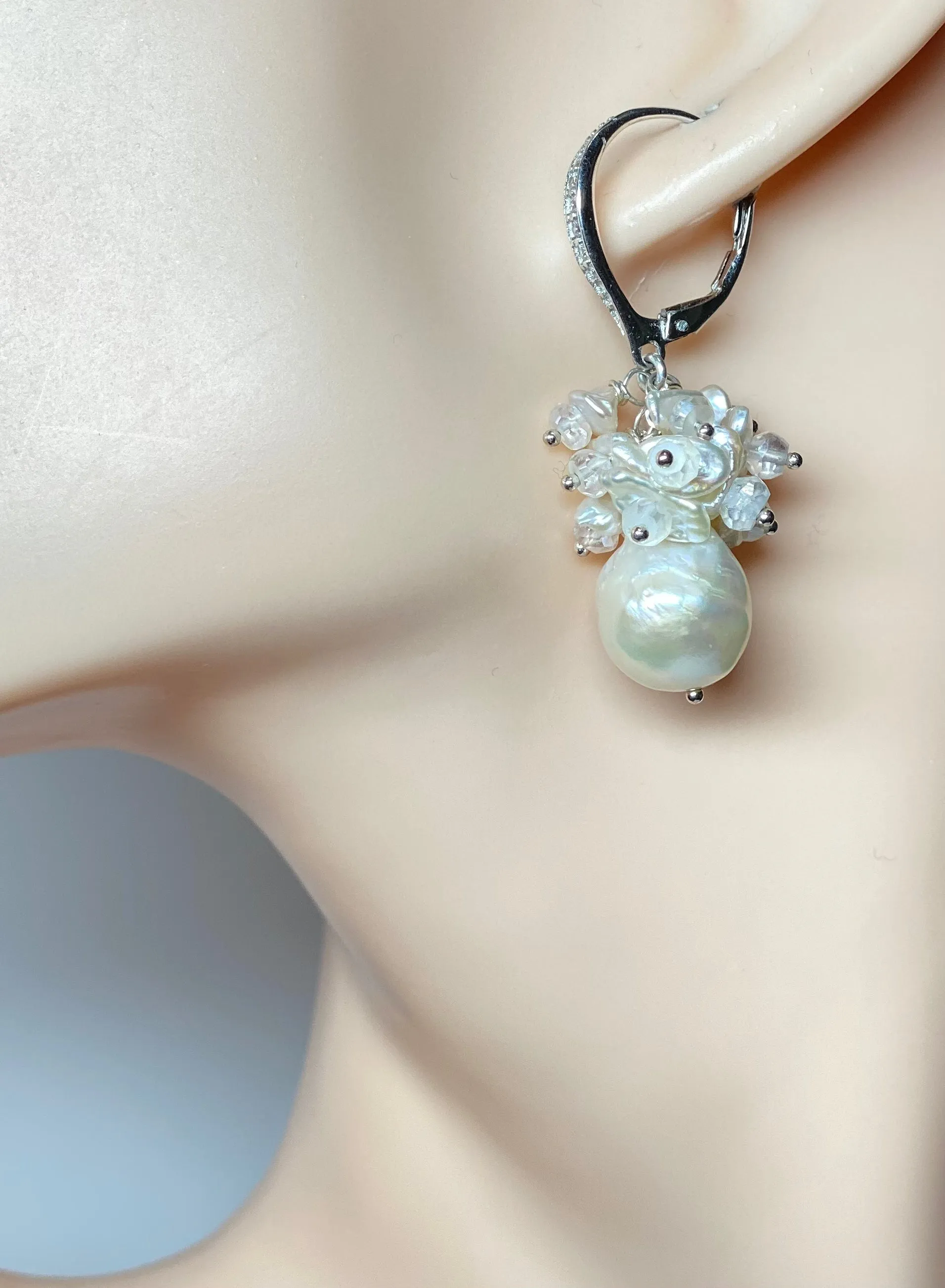 Ivory Pearl Cluster Wedding Bridal Earrings