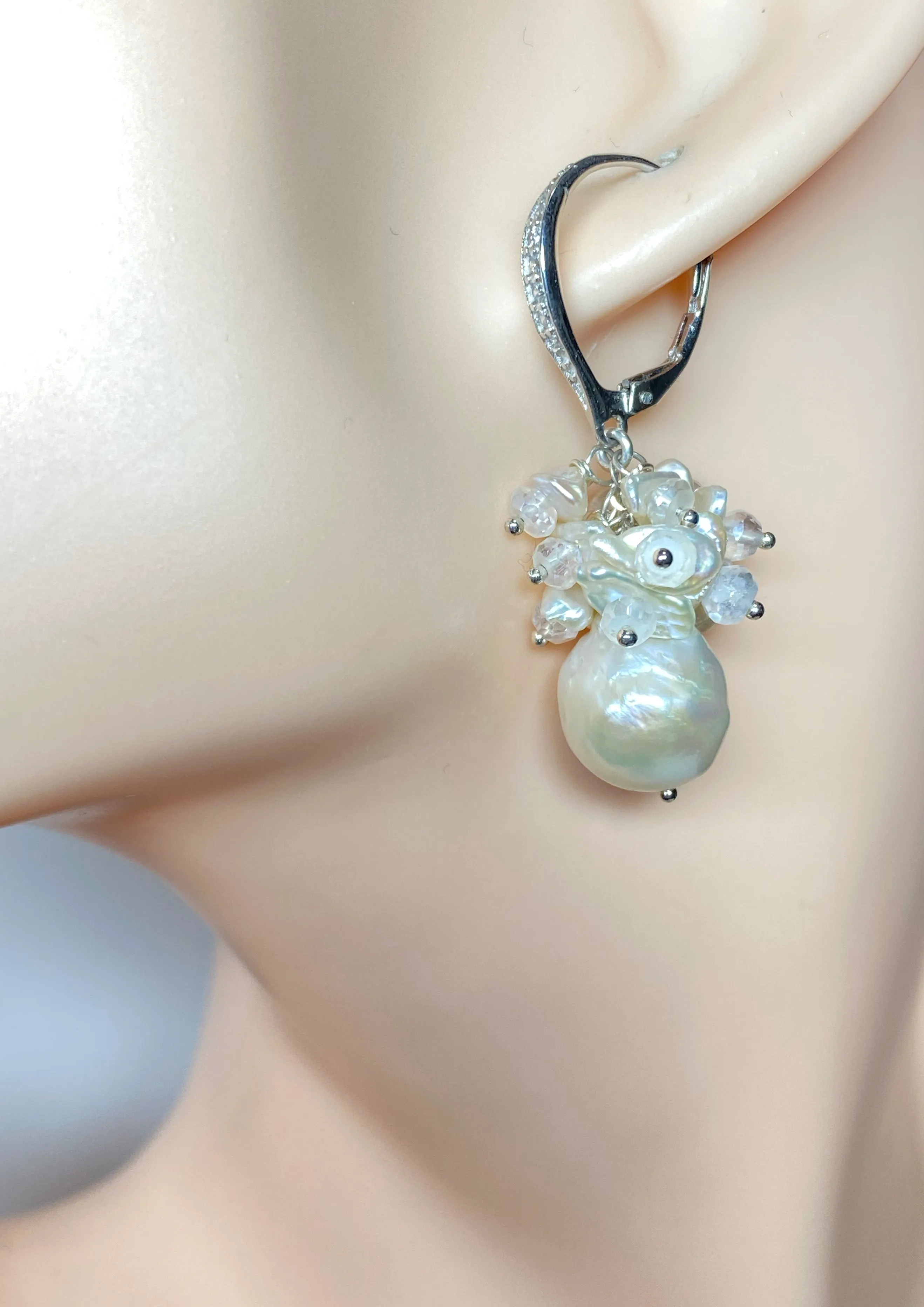 Ivory Pearl Cluster Wedding Bridal Earrings