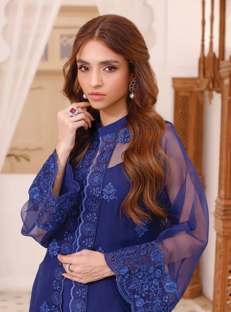 Jacket Style Embroidered Pakistani Blue Dress for Eid