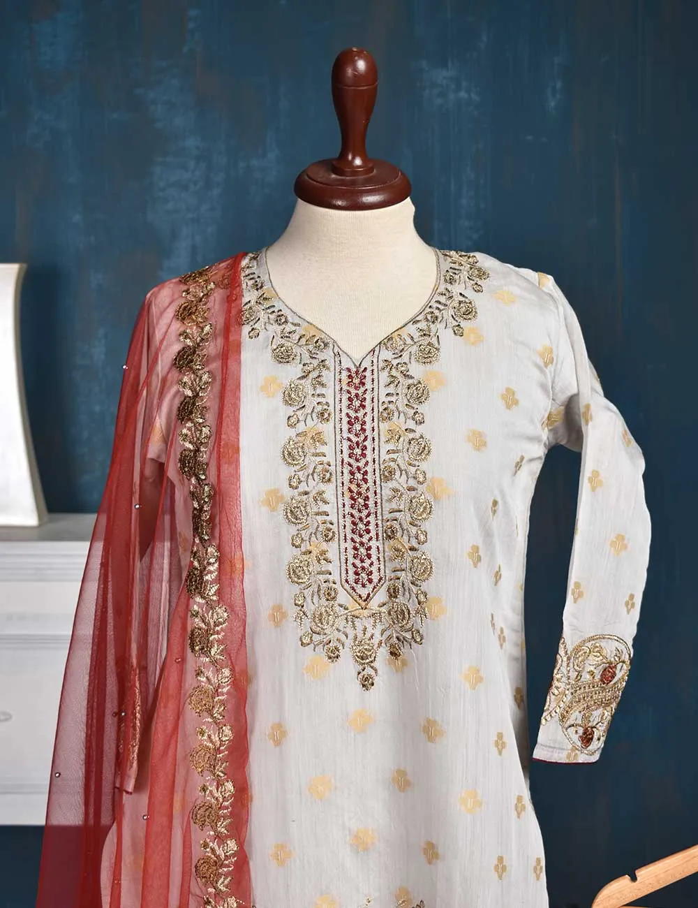 Jacquard Paper Cotton with Embroidered Net Dupatta &amp; Malai Silk Trouser - Royal Red (RTW-1-Grey)