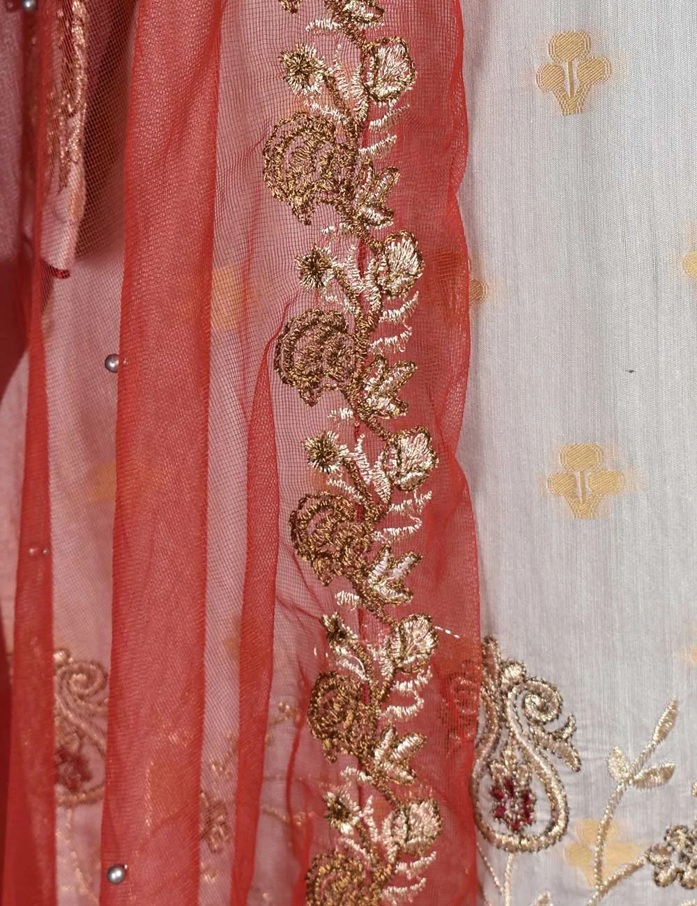 Jacquard Paper Cotton with Embroidered Net Dupatta &amp; Malai Silk Trouser - Royal Red (RTW-1-Grey)