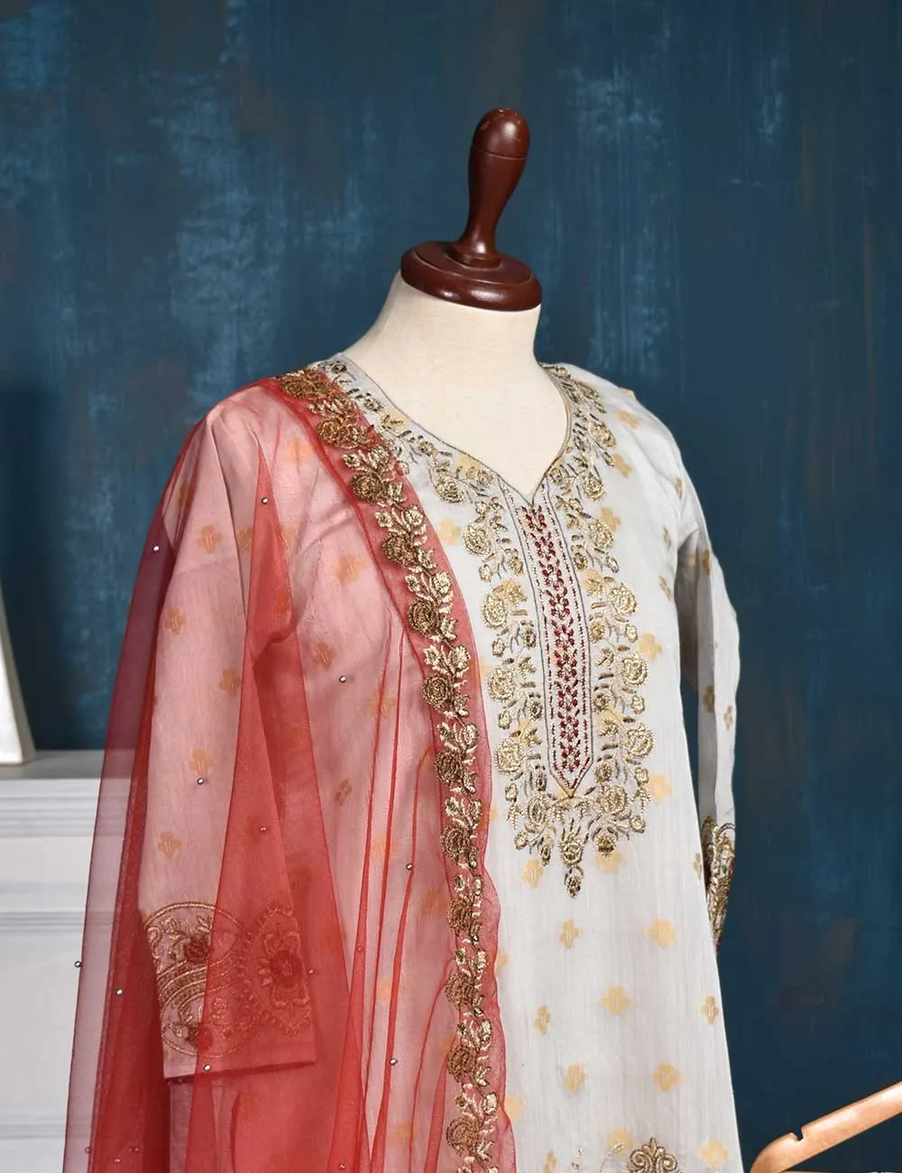 Jacquard Paper Cotton with Embroidered Net Dupatta &amp; Malai Silk Trouser - Royal Red (RTW-1-Grey)