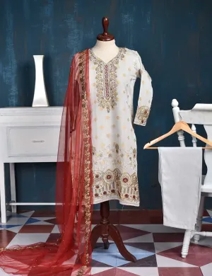 Jacquard Paper Cotton with Embroidered Net Dupatta &amp; Malai Silk Trouser - Royal Red (RTW-1-Grey)