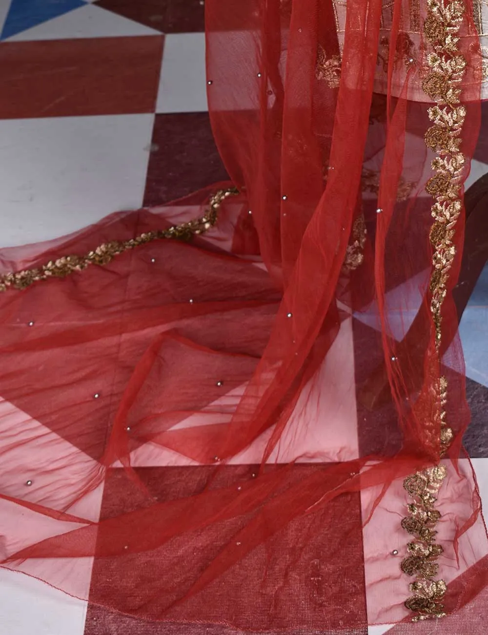 Jacquard Paper Cotton with Embroidered Net Dupatta &amp; Malai Silk Trouser - Royal Red (RTW-1-Grey)