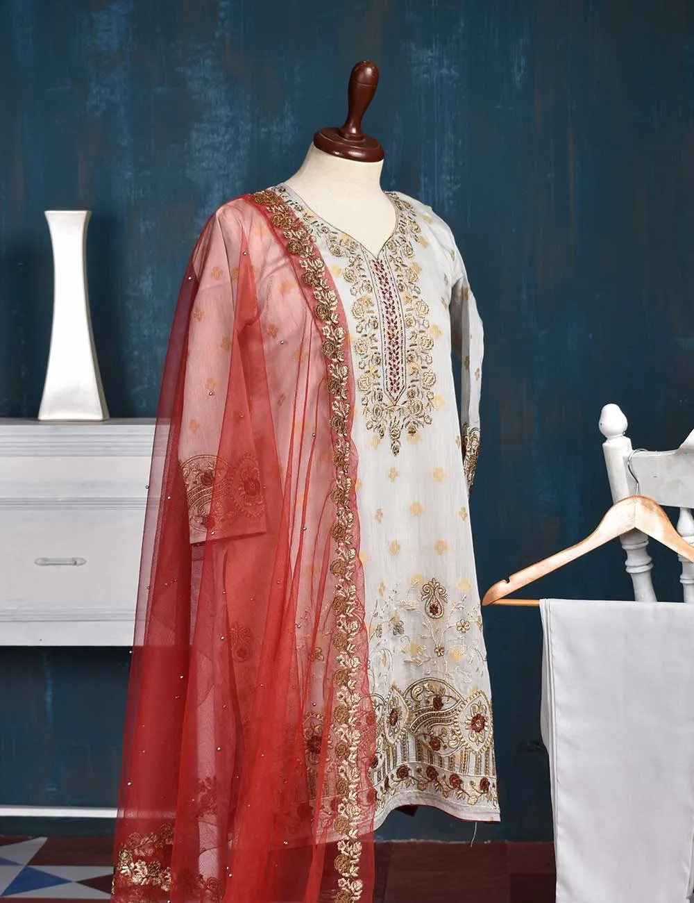 Jacquard Paper Cotton with Embroidered Net Dupatta &amp; Malai Silk Trouser - Royal Red (RTW-1-Grey)